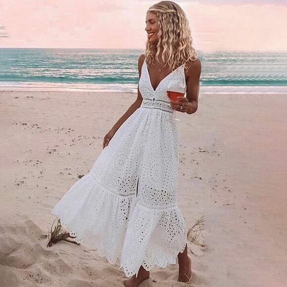 Simplee Eyelet Dress size Medium Blush Peach V Neck Spaghetti Strap Maxi Dress - Picture 11 of 11